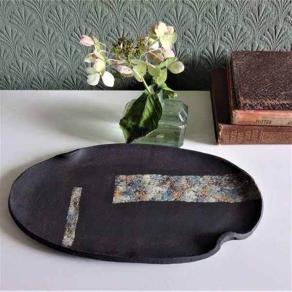 Decorative black ceramic plate, trinket tray, quirky design, pastel abstracts