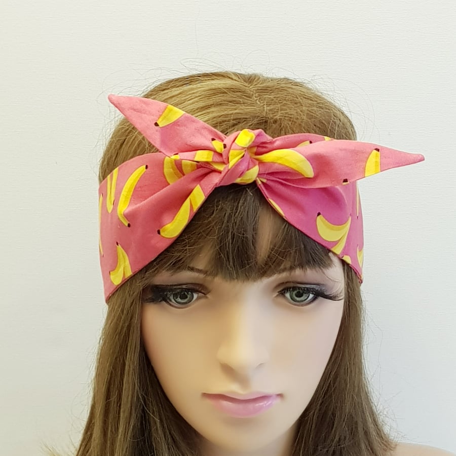 Banana print cotton self tie head scarf, summer headband, hair scarf