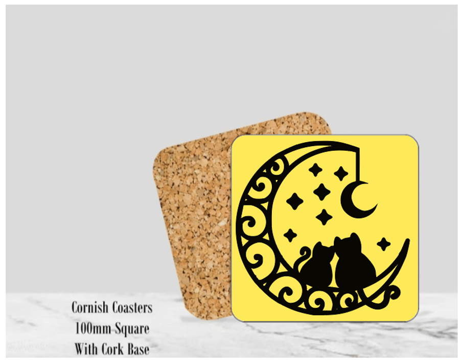 Yellow Silhouette Cats Coaster 4" Square With Cork Base. -  Design 2