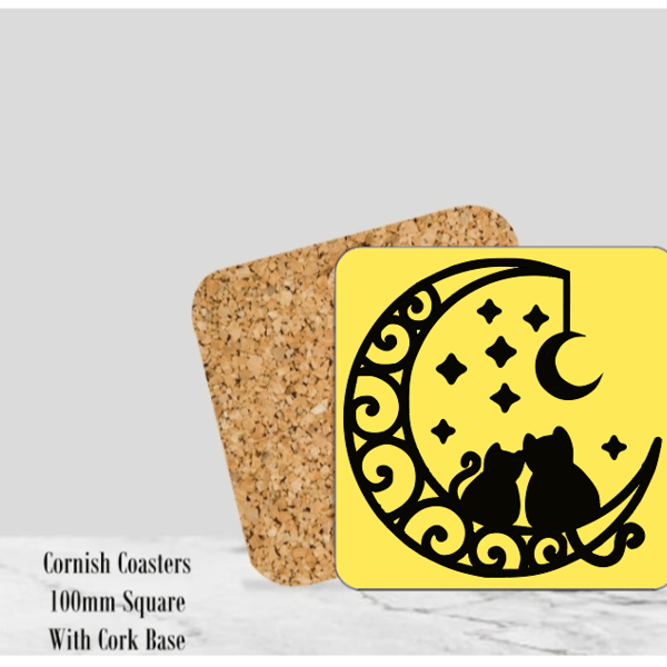 Yellow Silhouette Cats Coaster 4" Square With Cork Base. -  Design 2