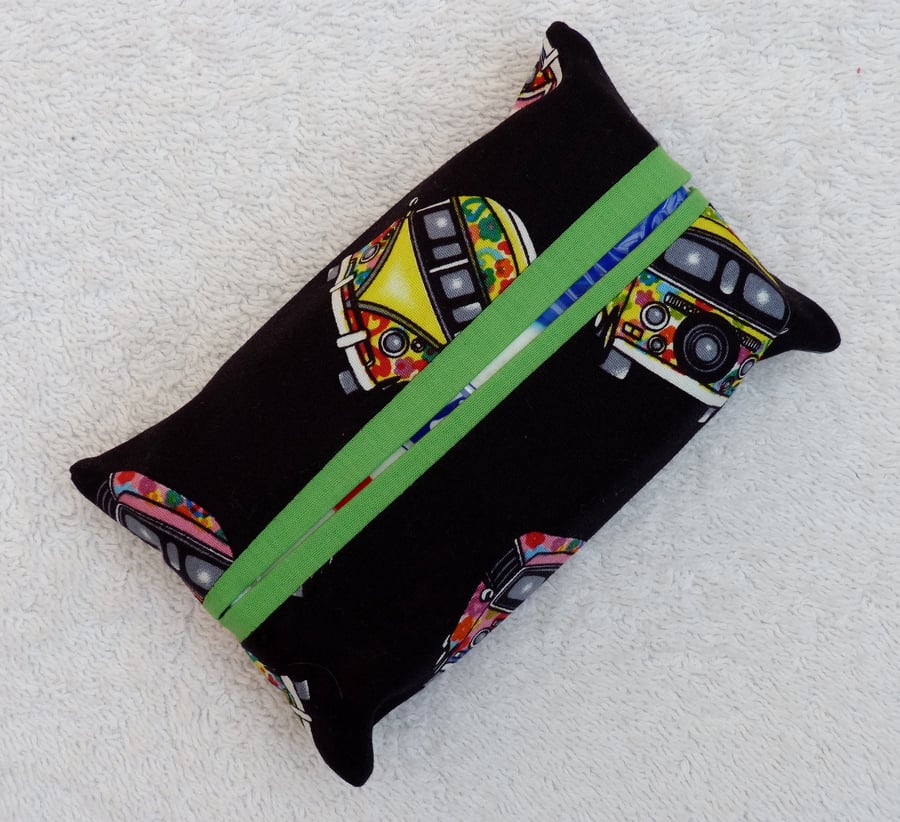 Travel Tissue Holder in Black VW camper  Print Cotton Fabric. Green  Trim.