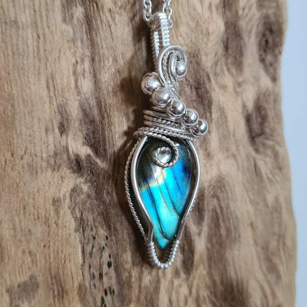 Natural Blue Labradorite & 925 Silver Necklace Pendant Gift Crystal Jewellery