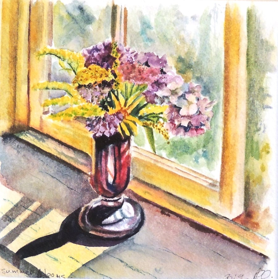 Pretty Flowers in a Vase Still Life Watercolour Original Painting 