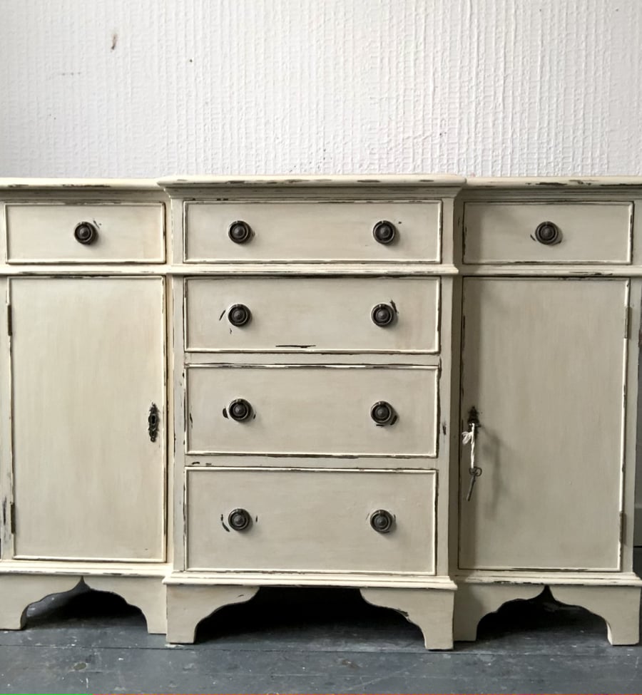 Handpainted handrifinished antique white distressed sideboard, chest of drawers 