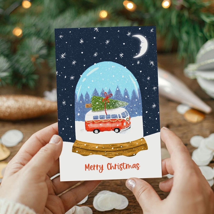 Campervan Snowglobe Christmas Card, Van Life, Cornwall