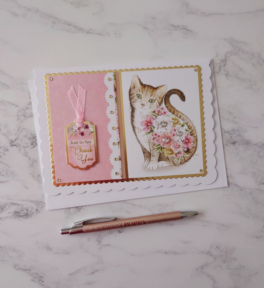 Just To Say Thank You Cat Flowers 3D Luxury Handmade Card