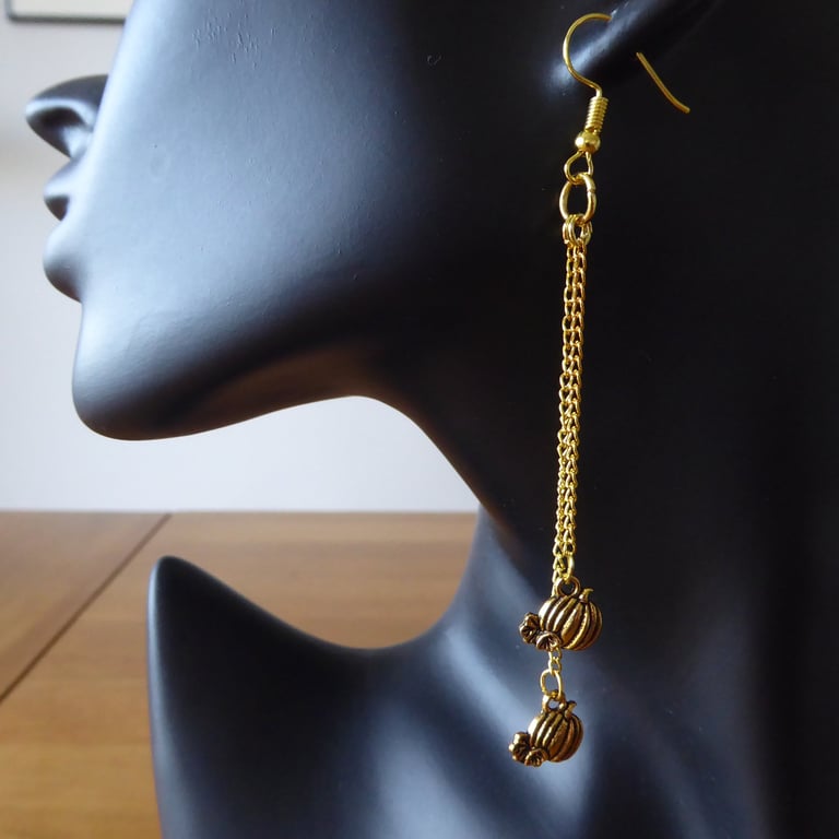 Pair of Golden dangle earrings with 2 Pumpkin charms (on fine chain) per earring