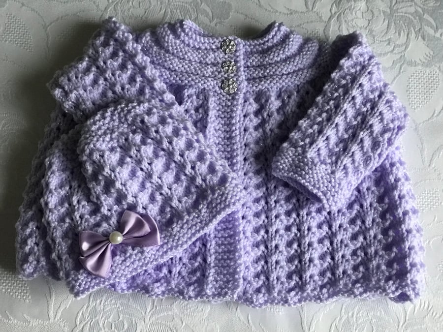 Hand Knitted Lilac  Matinee Cardigan and Matching Hat, Fits 0 - 3 months