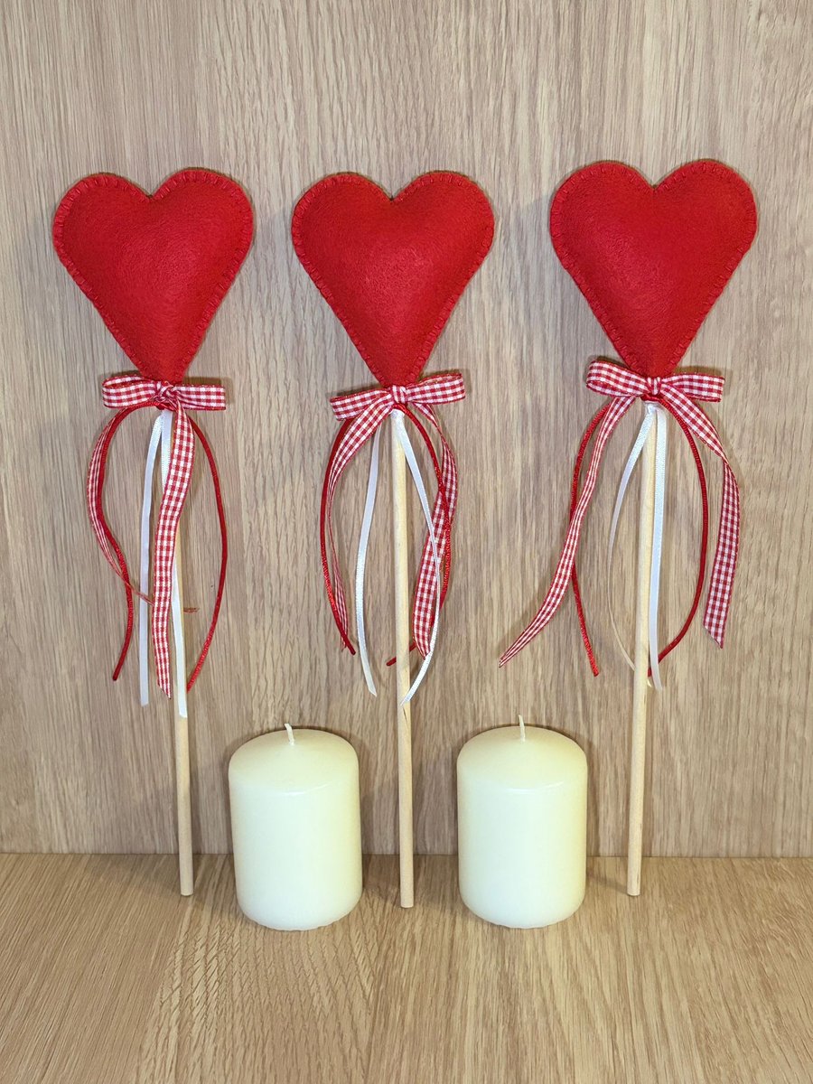 Set of Three Red Felt Heart Stems