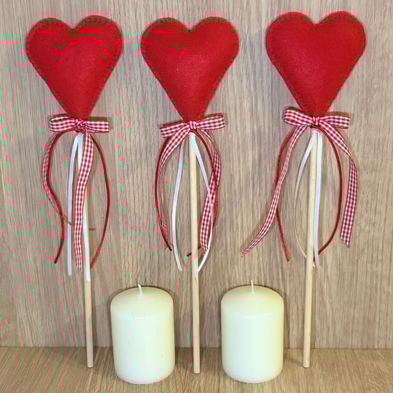 Set of Three Red Felt Heart Stems