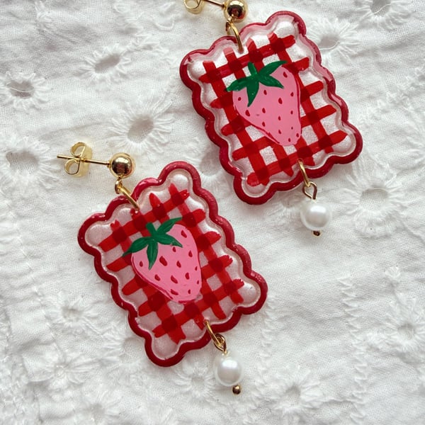 Strawberry Red Gingham Pearl Earrings