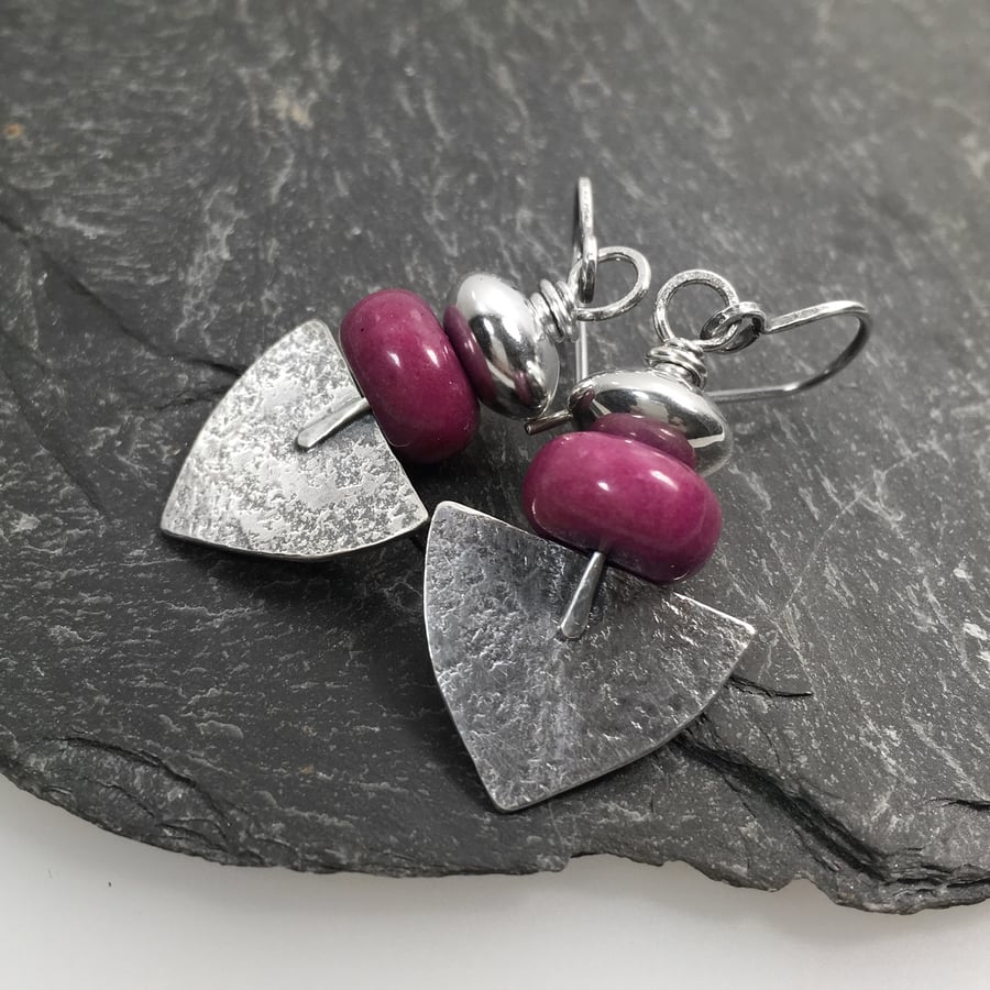 Oxidised silver and fushia jasper Shovel earrings