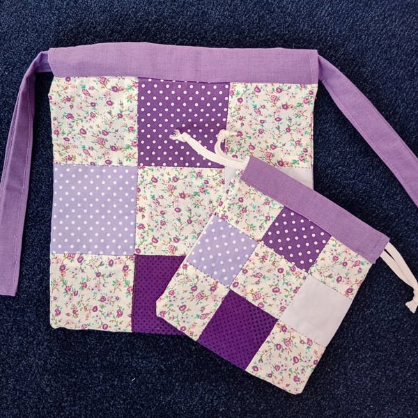 Pair of patchwork drawstring bags, gift bags, project bags. Choice of colours