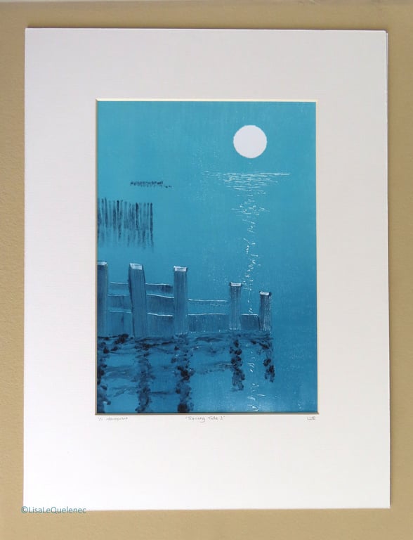 Turning tide and a full moon monoprint in blue and aqua print 1 from a series