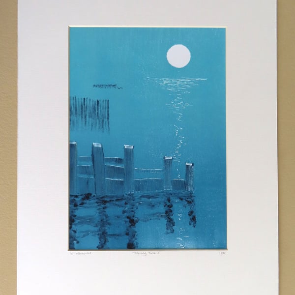 Turning tide and a full moon monoprint in blue and aqua print 1 from a series