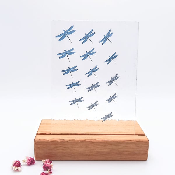 Blue Silver Dragonflies, fused glass design in a wooden stand, handcrafted