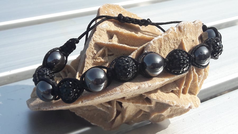 Unisex Black and Haematite Shambala style Bracelet