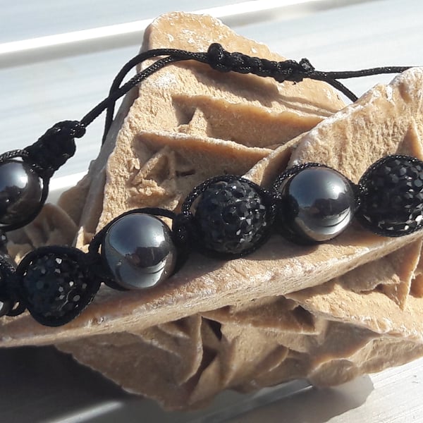 Unisex Black and Haematite Shambala style Bracelet