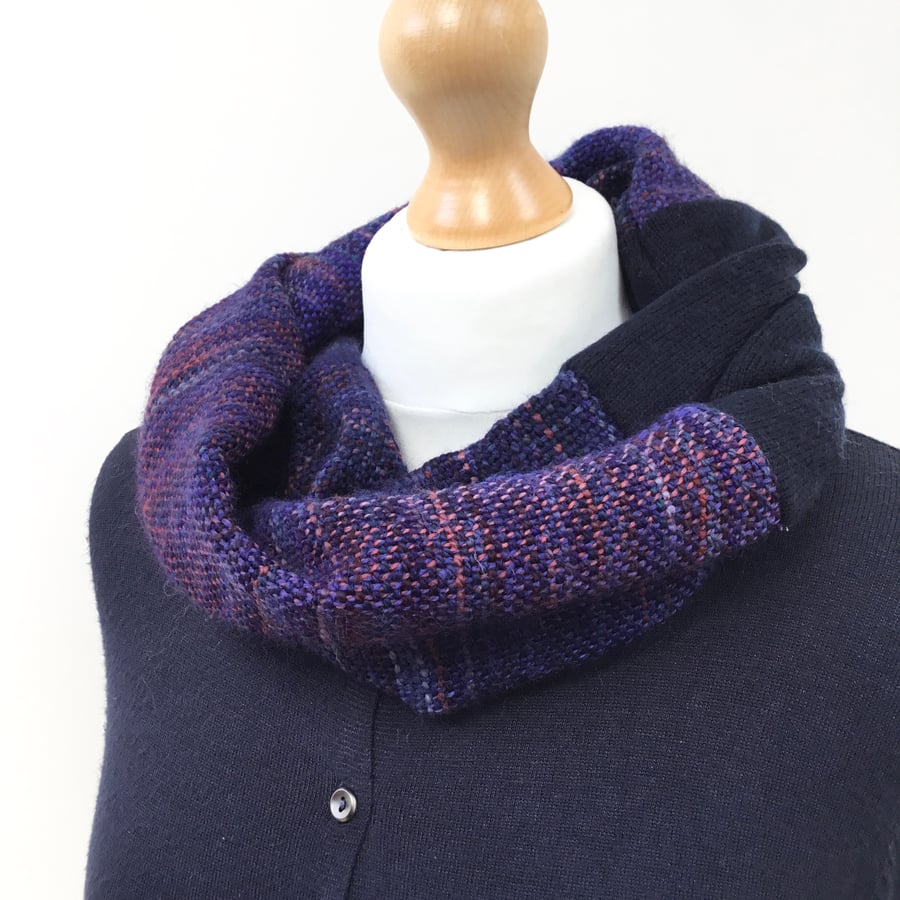 Handwoven merino  infinity scarf cowl in purple and navy tones - a luxury gift