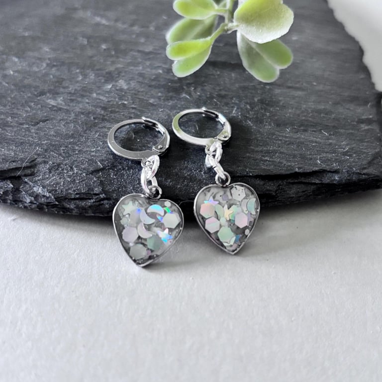 Resin Glitter Grey Heart Dangle Earrings - For Women