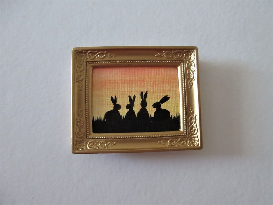 Doll House Miniature Original Painting Framed with Bunny Silhouette Rabbit 
