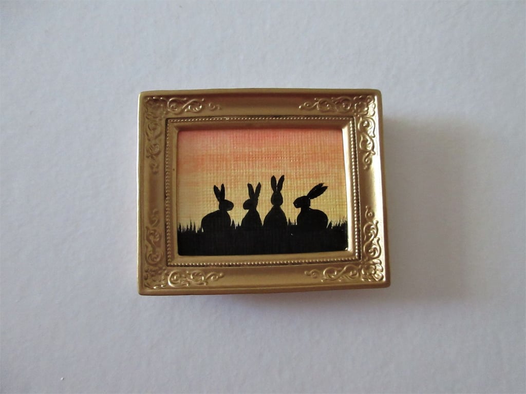 Doll House Miniature Original Painting Framed with Bunny Silhouette Rabbit 