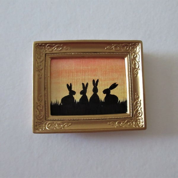 Doll House Miniature Original Painting Framed with Bunny Silhouette Rabbit 