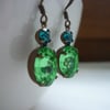 PERIDOT GREEN AND BLUE ZIRCON, VINTAGE PATINA BRASS EARRINGS.  667