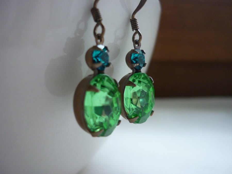 PERIDOT GREEN AND BLUE ZIRCON, VINTAGE PATINA BRASS EARRINGS.  667