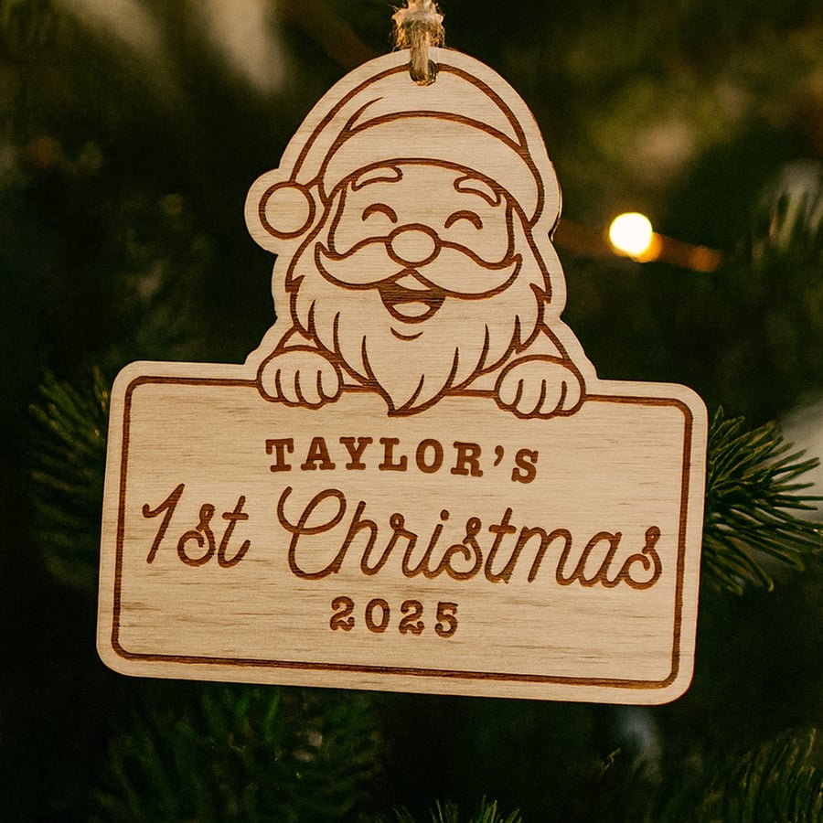 Personalised Baby’s First Christmas Wooden Bauble – Santa: Custom Name & Year