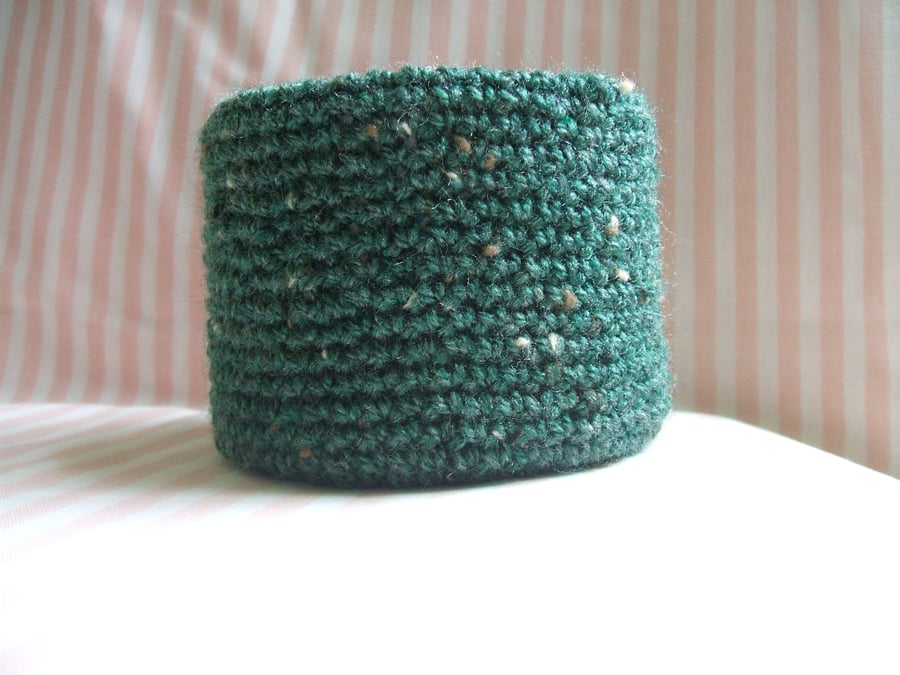 crochet covered recycled storage pot - green marl colour