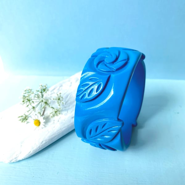 Large Sky Blue Floral Cuff Bangle 