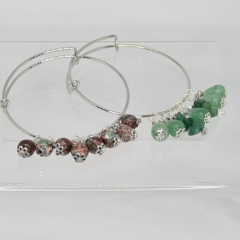 Adjustable Gemstone Bangles- Green Aventurine- Dragon's Blood Jasper- Boho Jewel