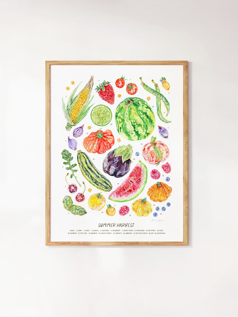 Watercolour Summer Harvest Art Print - Illustrated food art printed sustainably