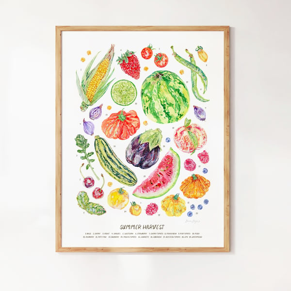 Watercolour Summer Harvest Art Print - Illustrated food art printed sustainably