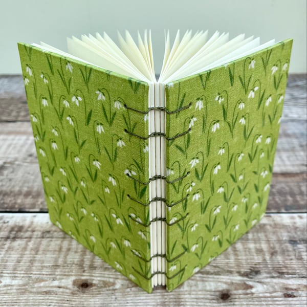 Journal Notebook Handcrafted in Coptic Stitch Binding with Snowdrops Fabric 