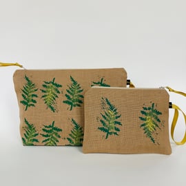 Linen Makeup Bag Fern Print; Hand printed Clutch Bag