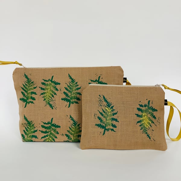 Linen Makeup Bag Fern Print; Hand printed Clutch Bag