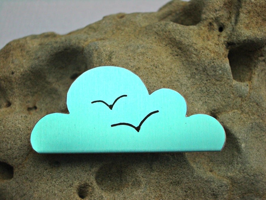 Cloud brooch with seagulls in sky blue