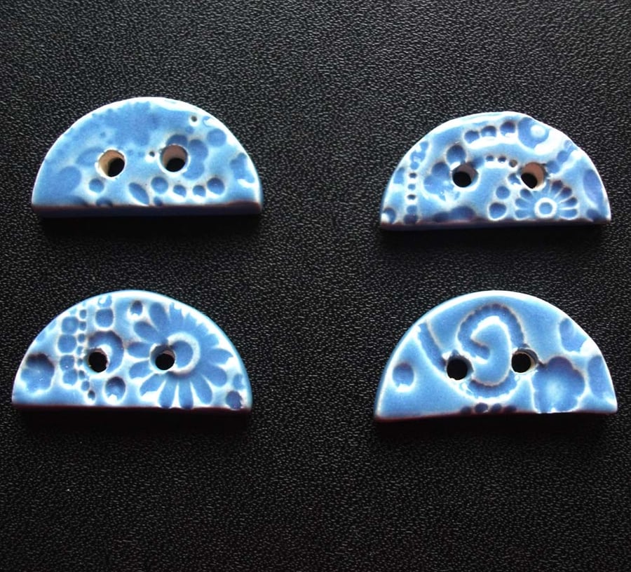 SALE Set of four semi-circular blue ceramic buttons