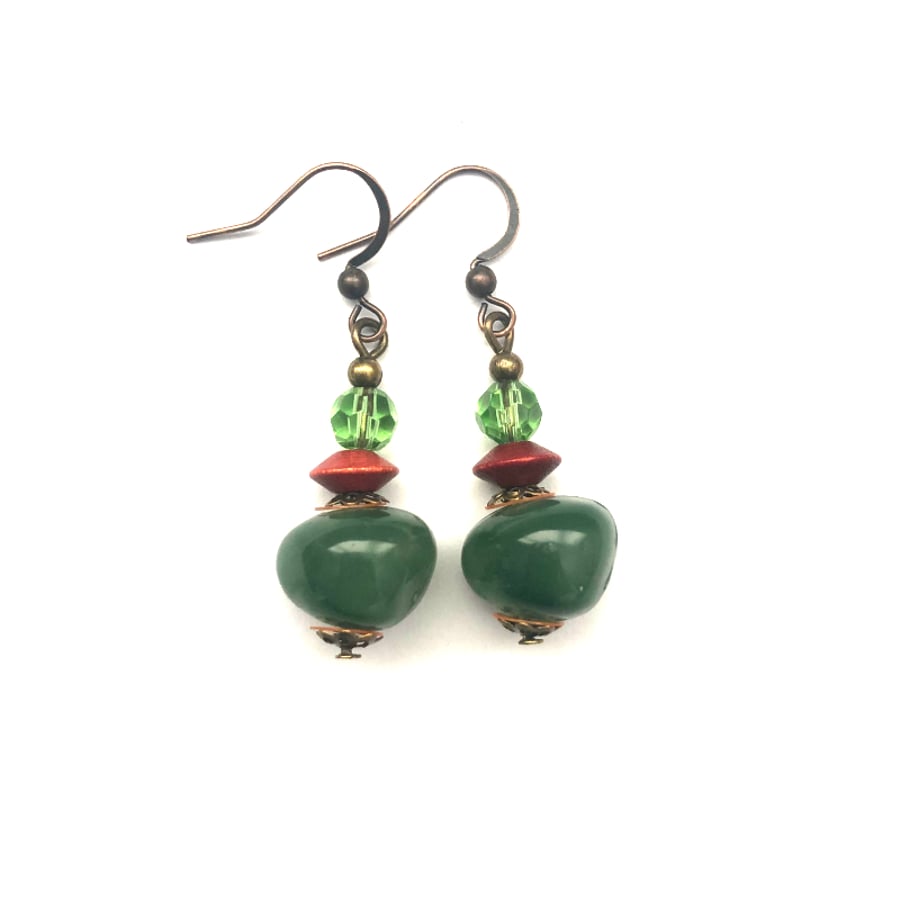 Green Glass Terra Cotta Wood Bead With Brass Style spacer Bead Dangle Earrings