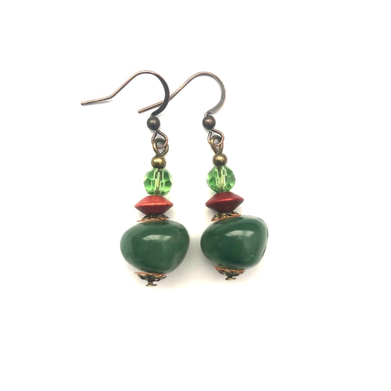 Green Glass Terra Cotta Wood Bead With Brass Style spacer Bead Dangle Earrings