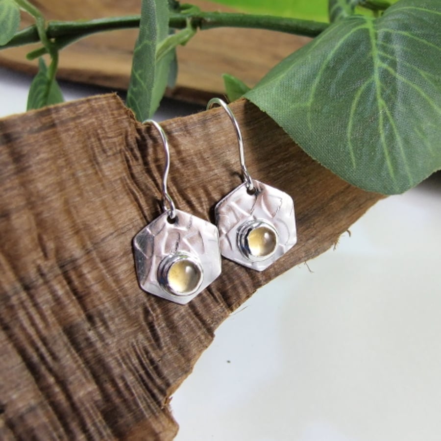 Earrings, Sterling Silver Hexagon with Citrine Gemstone