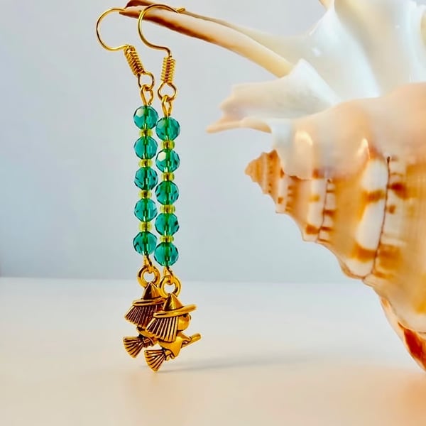 Halloween Witch Earrings Green Crystals, Trick Or Treat, Price Inc UK Delivery