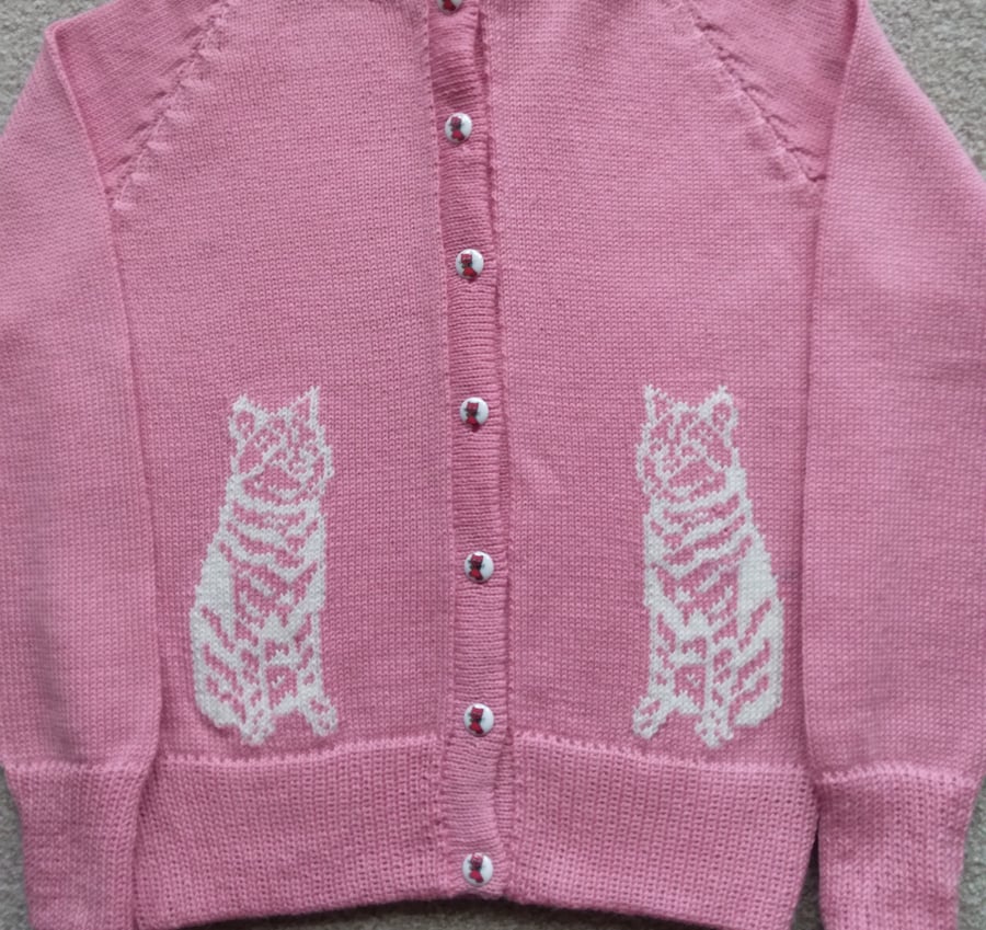 Cat cardigan with cat buttons, made to order, any colour