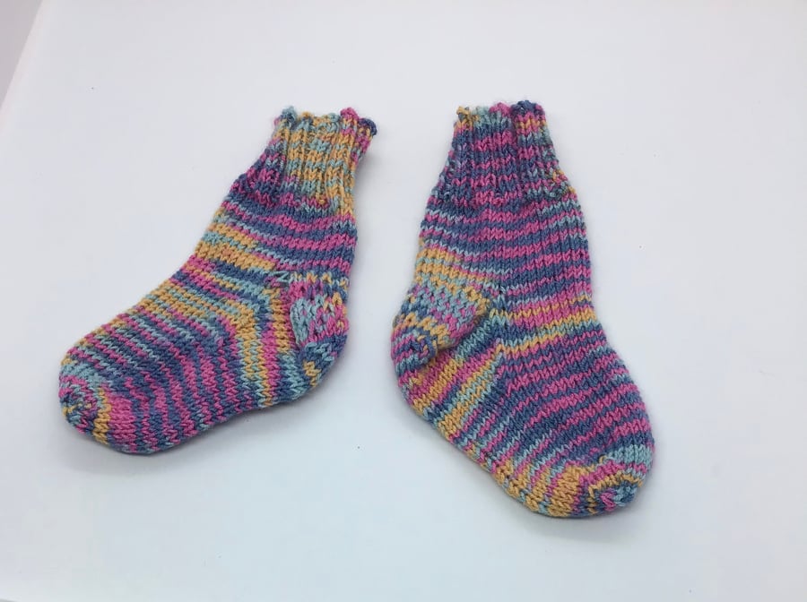 Hand Knit Baby Socks  0-3 months Pink blue yellow 
