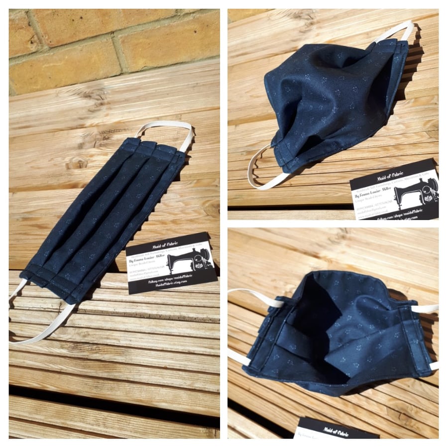 Face mask, large, 3 layer,  machine washable in dark grey flower cotton fabric 