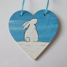 Hanging Heart Decoration Snow Bunny Winter Rabbit Scene Painting White Christmas