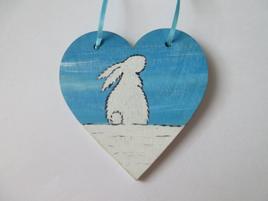 Hanging Heart Decoration Snow Bunny Winter Rabbit Scene Painting White Christmas