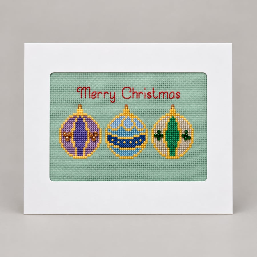 Image of Handmade Cross-Stitch Christmas Card – Beaded Bauble Trio